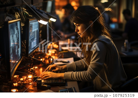 side view photo of lady programmer looking at big monitor, checking id address, working overtime, checking, debugging system, wearing specs, casual shirt, sitting at desk, late at night, office side view photo of lady programmer looking at big monitor, checking id address, working overtime, checking, debugging system, wearing specs, casual shirt, sitting at desk, late at night, office 107925319
