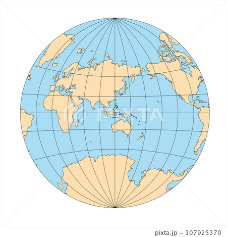 Simplified Map of World in the circle focused on Asia and Australia. Latitude and longitude grid. Van der Grinten projection. Vector illustration 107925370