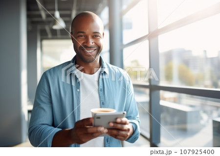 adult african american man works in the office with a smartphone and coffee. positive man working on smartphone, modern technology 107925400