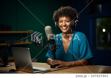 African American woman recording a blog in the studio, wearing headphones in front of a microphone, recording podcasts, blogging 107925401