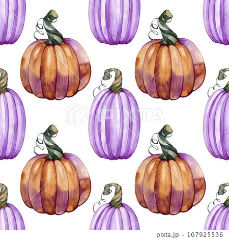 Halloween watercolor seamless pattern, autumn holiday, orange and violet pumpkins, hand drawing design, fall wrapping paper, happy halloween textile design 107925536