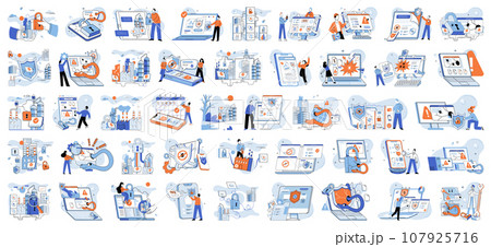 Industrial cyber security. Vector illustration. A robust framework is necessary to protect critical infrastructure in cyberspace The internet connects businesses and facilitates global industrial 107925716