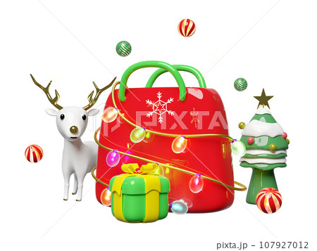 3d shopping paper bags with glass transparent lamp garlands, reindeer, decorative ball, snowflake, christmas tree, gift box. merry christmas and happy new year, 3d render 107927012