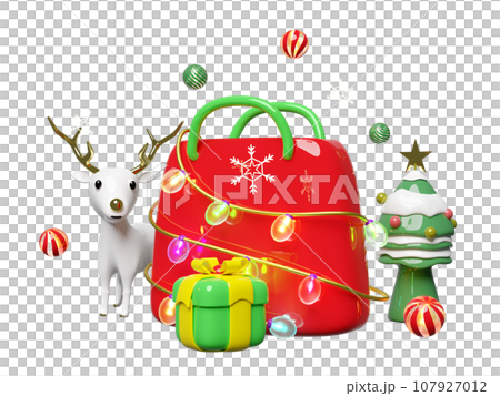 3d shopping paper bags with glass transparent lamp garlands, reindeer, decorative ball, snowflake, christmas tree, gift box. merry christmas and happy new year, 3d render 107927012