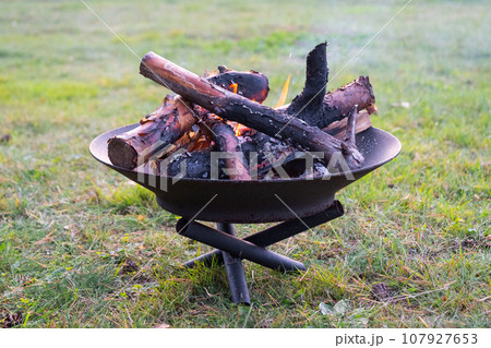Metal fire bowl with burning wood in the yard. Safe decorative fire pit 107927653