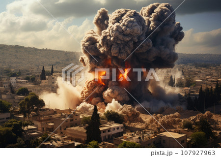 Airstrike on the city, burning houses Airstrike on the city, burning houses 107927963