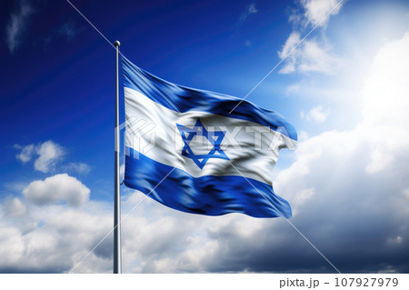 Israeli flag with a star of David cloudy sky background 107927979