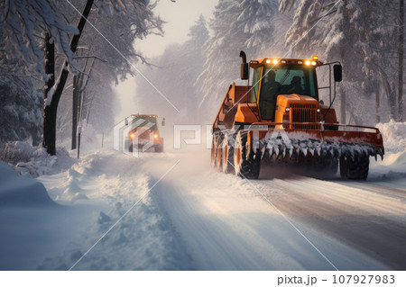 Snow plow truck clearing road after winter snowstorm or blizzard Snow plow truck clearing road after winter snowstorm or blizzard 107927983