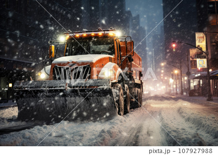 Snow plow truck clearing road after winter snowstorm or blizzard Snow plow truck clearing road after winter snowstorm or blizzard 107927988