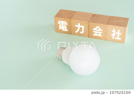 電力会社と書かれたブロックと電球 電力会社と書かれたブロックと電球 107928100