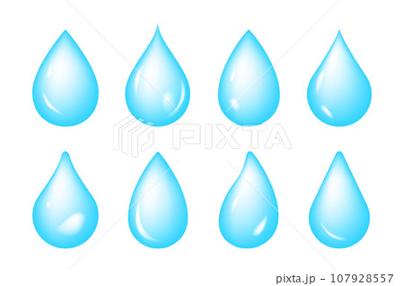 高品質な水のシェイプ、青色の水滴、透明感がある雨粒のベクターアイコンイラスト素材 107928557