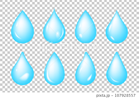 高品質な水のシェイプ、青色の水滴、透明感がある雨粒のベクターアイコンイラスト素材 107928557