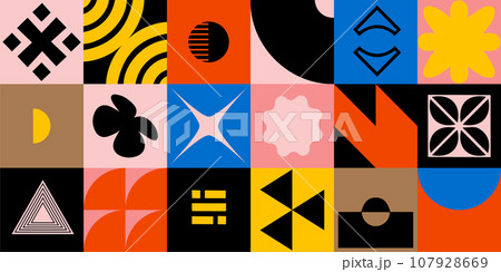 Geometric minimalistic mosaic seamless pattern. Abstract vector for web banner, business presentation, branding, card, invitation, poster, cover, textile print. Bauhaus style. vector illustration. 107928669