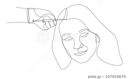 Continuous one line drawing of platelet rich plasma injection procedure for women. Female alopecia treatment concept minimal design. Hair growth stimulation drawn by single line. Vector illustration. 107928670