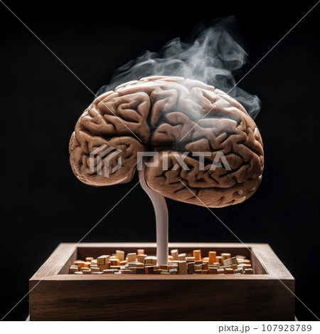 the smoking brain of a smoker stands in a wooden ashtray, on a dark background the smoking brain of a smoker stands in a wooden ashtray, on a dark background 107928789