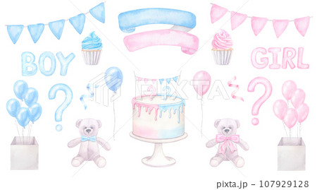 Gender reveal party, baby shower, boy or girl. Blue pink balloons, bow, cream cupcake, cake, flags. Hand drawn watercolor illustration isolated on white background. For newborn products Gender reveal party, baby shower, boy or girl. Blue pink balloons, bow, cream cupcake, cake, flags. Hand drawn watercolor illustration isolated on white background. For newborn products 107929128