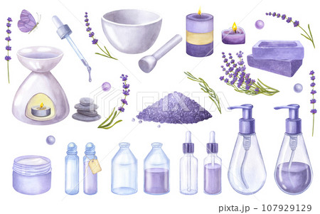 Banner set violet lavender flowers, essential oil, cosmetics bottles, soap, candle. Hand drawn watercolor illustration isolated on white background. For cosmetics packaging, beauty magazines, logo Banner set violet lavender flowers, essential oil, cosmetics bottles, soap, candle. Hand drawn watercolor illustration isolated on white background. For cosmetics packaging, beauty magazines, logo 107929129