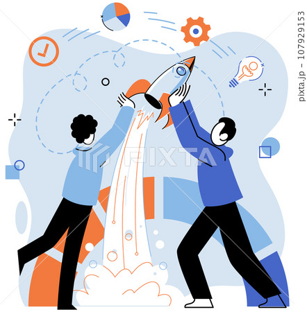 Successful project launch. Vector illustration. A development project idea, inception of potential game-changer Project launch management, steering wheel guiding project towards success 107929153