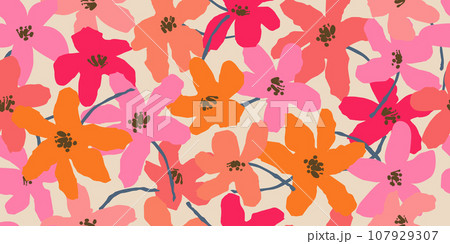 Hand drawn flowers, seamless patterns with floral for fabric, textiles, clothing, wrapping paper, cover, banner, interior decor, abstract backgrounds. vector illustration. 107929307
