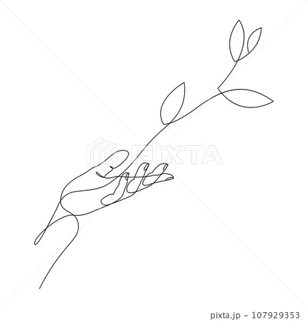 Continuous line drawing of growing plant from hand. Hand holding branch with leaves. Vector illustration. 107929353
