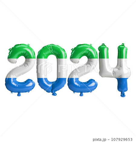 3d illustration of letter about new year 2024 with balloons on color Sierra Leone flag 107929653