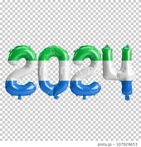 3d illustration of letter about new year 2024 with balloons on color Sierra Leone flag 107929653