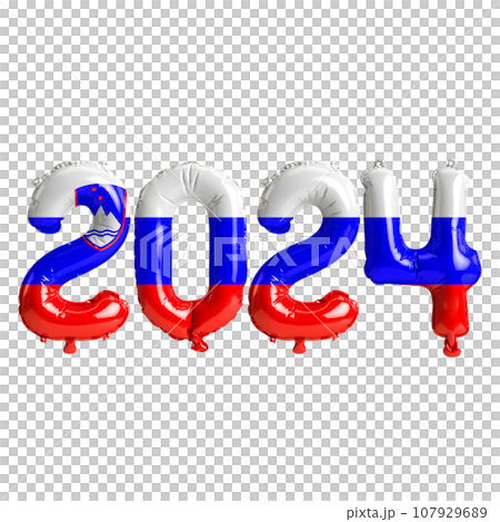 3d illustration of letter about new year 2024 with balloons on color Slovenia flag 107929689