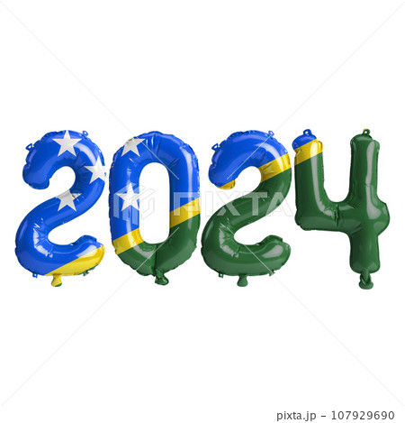 3d illustration of letter about new year 2024 with balloons on color Solomon Islands flag 107929690