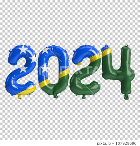 3d illustration of letter about new year 2024 with balloons on color Solomon Islands flag 107929690