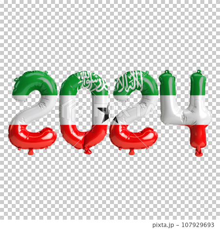 3d illustration of letter about new year 2024 with balloons on color Somaliland flag 107929693