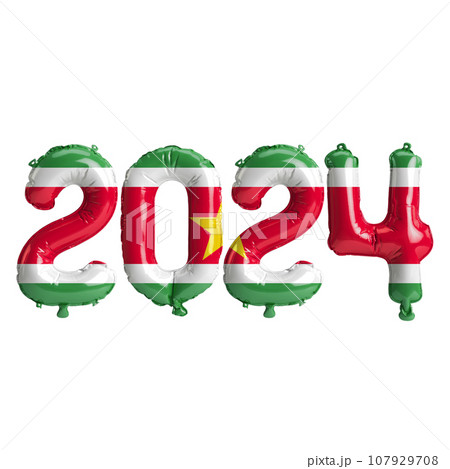 3d illustration of letter about new year 2024 with balloons on color Suriname flag 107929708