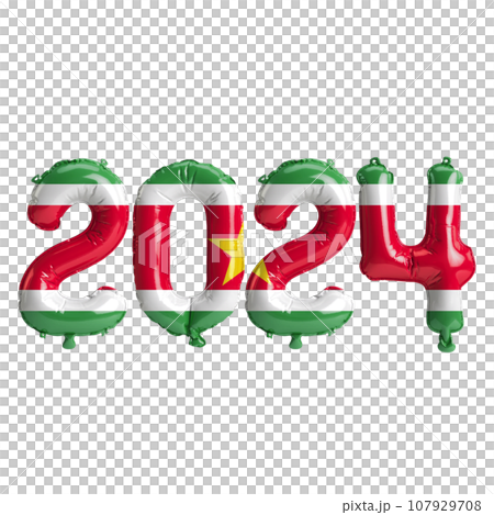3d illustration of letter about new year 2024 with balloons on color Suriname flag 107929708
