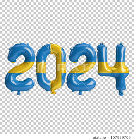 3d illustration of letter about new year 2024 with balloons on color Sweden flag 107929709