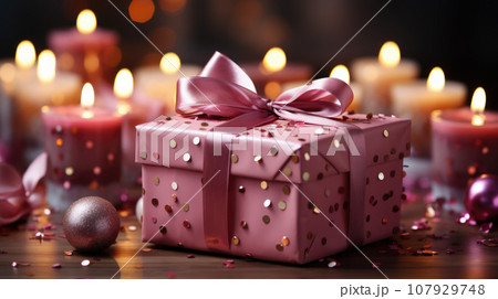 Luxury gift box with romantic candles on the table, festive still life, blurry background 107929748