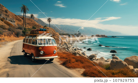 Vintage camper van parking at the beach with suitcases on top during on vacation near a sea 107929755