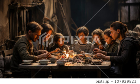 Refugee mixed-race family at migration camp 107929823