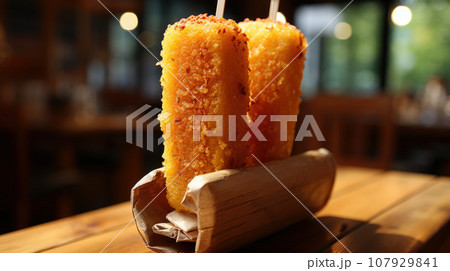 Home made corn dog fried sausage skewer with mustard Home made corn dog fried sausage skewer with mustard 107929841