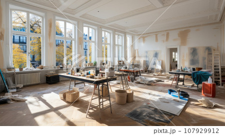 Home renovation in room full of tools and ladders Home renovation in room full of tools and ladders 107929912