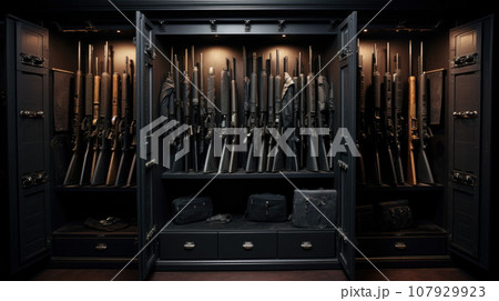 Safe for firearms. The inside of a gun cabinet. Safe storage of rifles, carbines, pistols. Black interior and gun holders. 107929923