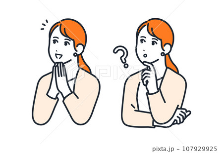 考える表情と笑顔で喜ぶ表情の若いビジネスウーマンのシンプルなベクターイラストセット素材 107929925