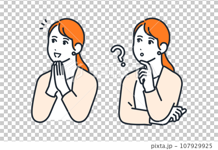 一個簡單的向量插圖設置了一個年輕女商人的材料,她帶著思考的表情和微笑和快樂的表情。 一個簡單的向量插圖設置了一個年輕女商人的材料,她帶著思考的表情和微笑和快樂的表情。 107929925