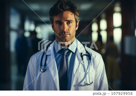 Portrait of mature male doctor in white medical coat with stethoscope around his neck. Middle-aged caucasian clinician against the background of medical facility. Experienced therapist in a hospital. 107929958