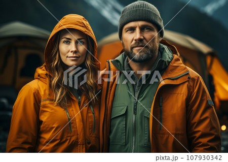 Portrait of happy young couple in the mountains against the backdrop of a tent camp. Caucasian family in outwear is engaged in a mountain hike. Active lifestyle, tourism and vacation concept. 107930342