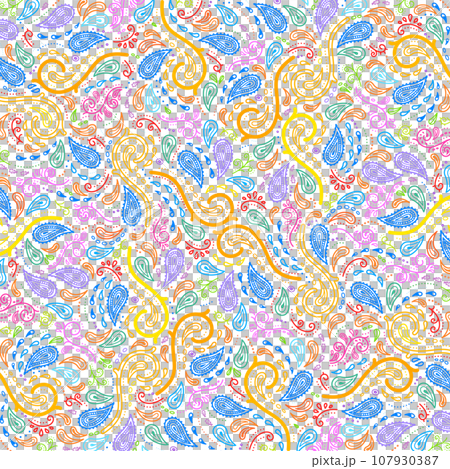 Paisley pattern illustration. Background design drawn with colorful lines. Paisley pattern illustration. Background design drawn with colorful lines. 107930387