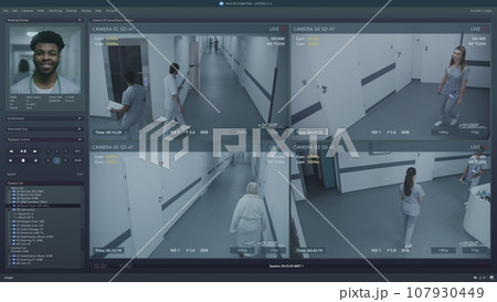 Playback CCTV cameras in modern hospital with AI facial recognition 107930449
