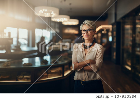 Beautiful elegant owner or manager in a women's jewelry and bijouterie store. Middle aged woman with elegant short haircut greets customers. Successful small business in beauty and fashion industry. Beautiful elegant owner or manager in a women's jewelry and bijouterie store. Middle aged woman with elegant short haircut greets customers. Successful small business in beauty and fashion industry. 107930584