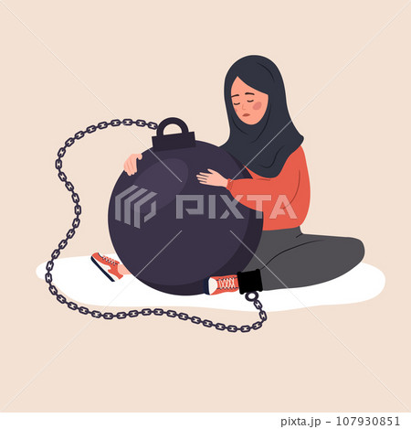 Self flagellation. Sad arabian woman hugging wrecking ball and feeling guilty. Concept of psychological self-harm, criticism, judgment. Mental problems. Vector illustration in flat cartoon style Self flagellation. Sad arabian woman hugging wrecking ball and feeling guilty. Concept of psychological self-harm, criticism, judgment. Mental problems. Vector illustration in flat cartoon style 107930851