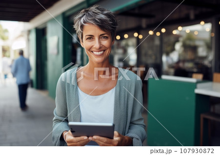 Half-length portrait of cheerful Caucasian businesswoman in casual clothes holding a tablet. Happy smiling middle-aged lady, successful entrepreneur or employee working in office or coworking cafe. Half-length portrait of cheerful Caucasian businesswoman in casual clothes holding a tablet. Happy smiling middle-aged lady, successful entrepreneur or employee working in office or coworking cafe. 107930872