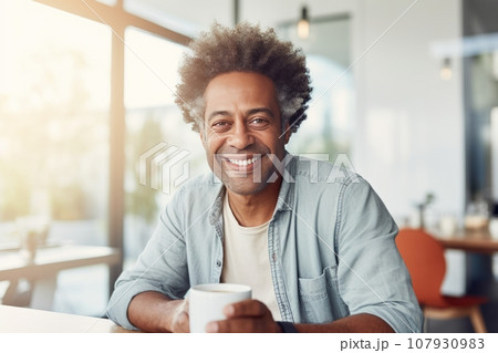 Portrait of cheerful African American businessman in casual clothes with smartphone and cup of coffee. Happy smiling mature man, successful entrepreneur or employee working in office or coworking cafe Portrait of cheerful African American businessman in casual clothes with smartphone and cup of coffee. Happy smiling mature man, successful entrepreneur or employee working in office or coworking cafe 107930983