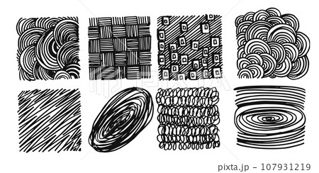 Pattern, texture, line hand drawn. Hatch drawing pen ink and crosshatch draw pencil sketch. Doodle scratch style. Black shape isolated on white background. Vintage graphic design. Vector illustration 107931219